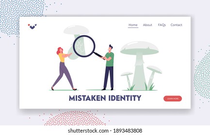 People Study Edible and Unedible Fungi and Dangerous Plants Landing Page Template. Tiny Mushroomer Characters Learning Poisonous Mushroom with Huge Magnifying Glass. Cartoon Vector Illustration