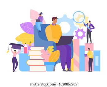 People study education online, vector illustration. Flat university student with knowledge book concept. Business school design library, graphic technology banner and character learn literature.