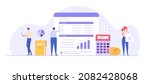 People study the financial statement. Concept of financial report, digital accounting, audit and financial research, accounting report. Vector illustration in flat design