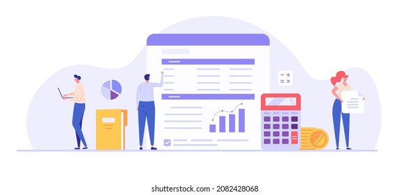 People study the financial statement. Concept of financial report, digital accounting, audit and financial research, accounting report. Vector illustration in flat design