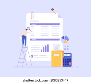 People study the financial statement. Concept of financial report, digital accounting, audit and financial research, accounting report. Vector illustration in flat design