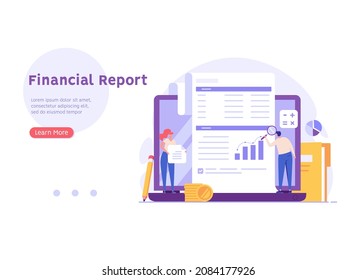 People study the financial statement. Concept of financial report, digital accounting, audit and financial research, accounting report. Vector illustration in flat design