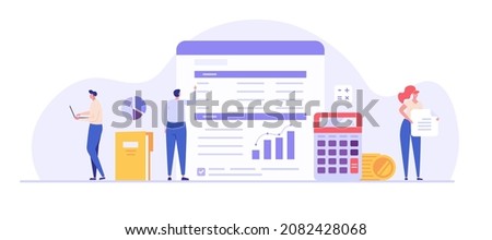 People study the financial statement. Concept of financial report, digital accounting, audit and financial research, accounting report. Vector illustration in flat design