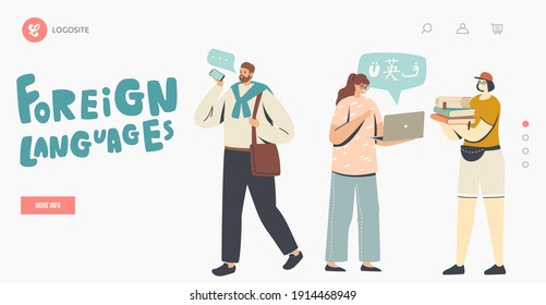 Las Personas Estudian Idiomas Extranjeros Plantilla De Página De Inicio. Los personajes utilizan servicios de traducción y traducción en línea, aplicación para la traducción de voz y diccionario multilingüe. Ilustración del vector de dibujos animados
