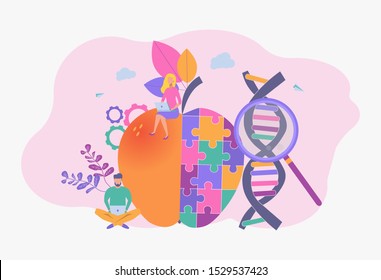 People study genetically modified foods, genetically modified foods, the concept of genetically engineered foods. Bioengineering, biotechnology. Nutritional supplements.