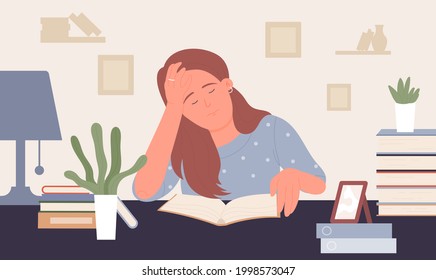 People study hard, tired young woman student vector illustration. Cartoon girl teenager character sleeping on table with book, studying working overload at home, exhausted teens overwork background