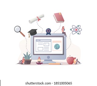 People study at home online. School and university education. Flat vector illustration. Isolated on white background.