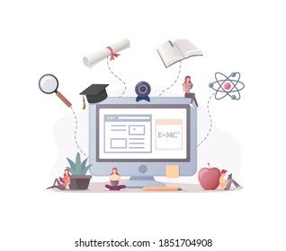 People study at home. School and university education. Colorful Flat vector illustration. Isolated on white background.