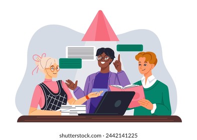 People study and learn. Group of university students working on educational project in library. Friends preparing for lessons and reading books. Cartoon flat vector illustration isolated on background