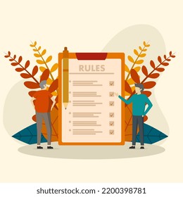 people study the list of rules in the company, read guidance, make checklists. Vector illustration for company regulation, restriction, law, regulatory concept