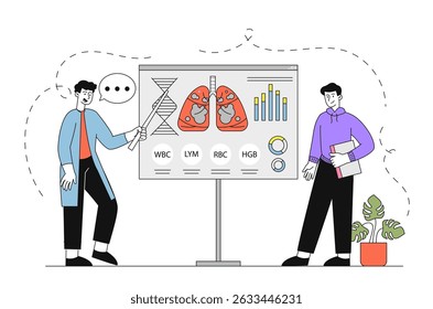 As pessoas estudam os pulmões. Dois homens perto da estrutura dos pulmões doentes. Pulmonologistas estudam brônquios e sistema respiratório. Conferência científica médica. Ilustração de vetor linear