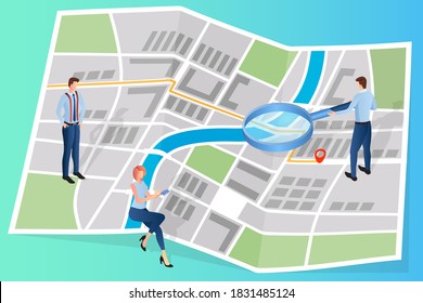 People study the map.A man using a magnifying glass examines the map.The concept of navigation positioning.Isometric vector illustration.