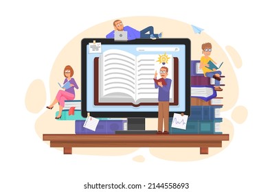 Die Leute lernen Online-Kurse mit Büchern und Laptops. Online-Bibliothek oder Bildungszentrum, Fernschule, Universität und Universität. Cartoon Erwachsene lesen anständige Vektorszene
