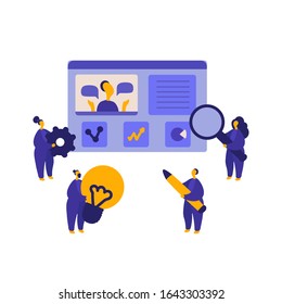 People study with online course on website. Students with online teacher. Internet communication, video conferencing, online meeting, self education, e-learning, webinar, coaching vector flat concept