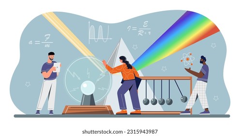 People study physics concept. Men and women look at shapes on board, refraction of light, and structure of volume or molecule. Scientific experiments, education. Cartoon flat vector illustration