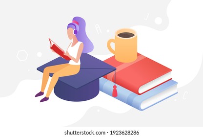 People study and read, education concept vector illustration. Cartoon isometric graduate student character studying, sitting on graduation cap with books or textbooks stack and coffee cup background
