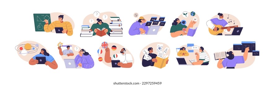 People study set. Education, knowledge concept. Students learn online. Computer science, information technology, language and business courses. Flat vector illustrations isolated on white background svg