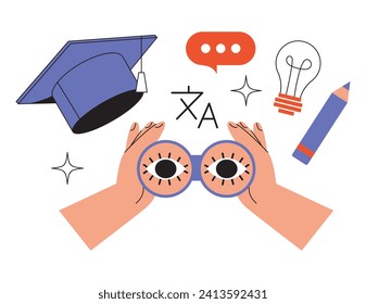 People study set. Education, knowledge concept. Students learn online. Computer science, information technology, language and business courses. Flat vector illustrations isolated on background