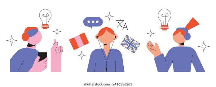 People study set. Education, knowledge concept. Students learn online. Computer science, information technology, language and business courses. Flat vector illustrations isolated on background