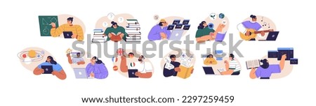 People study set. Education, knowledge concept. Students learn online. Computer science, information technology, language and business courses. Flat vector illustrations isolated on white background
