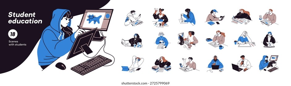 People study set. Students are learning, writing, reading, and drawing at the table. Men and women with books and computers go about business at the desk. Flat isolated vector illustrations on white