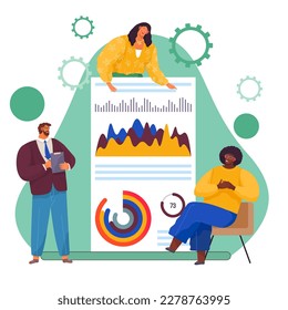 People study statistics on presentation board. Analyze graphs and charts concept with clipboard, working with data. Business characters while looking at graph growth dynamics. Indicators on diagram