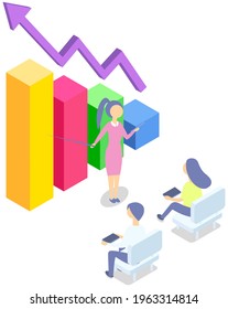 Las personas estudian las estadísticas mostradas en el gráfico de barras. Analizar el concepto de diagramas y gráficos. Colegas mirando datos y discutiendo. El carácter con puntero muestra un gráfico estadístico. Crecimiento del gráfico de beneficios con flecha