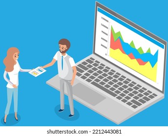 People study statistics shown on bar chart. Analyze graphs and charts concept. Managers working with data using computer. Financial experts while working with statistical graph. Indicators on diagram
