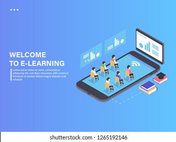 People studying with application and digital learning. Digital Learning Concept. 3d isometric vector illustration. Digital Learning Design Illustration