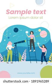 People studying astronomy and astrology, using telescope for galaxy and planets research. Vector illustration for discovery, geography, horoscope concept