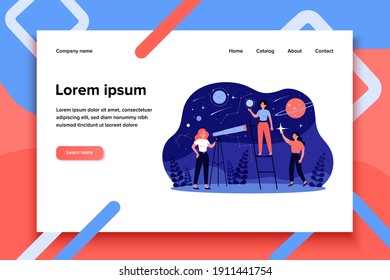 People studying astronomy and astrology, using telescope for galaxy and planets research. Vector illustration for discovery, geography, horoscope concept