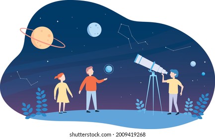 Menschen, die Astronomie studieren. Astronomielager. Planeten und Nachthimmel.