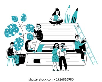 People studying with books. Reading book, young readers and students. Exam preparation, new knowledge acquire decent vector concept