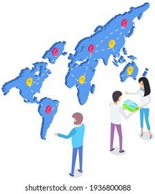People studying destination map with marks. Guy and girl work together in delivery service