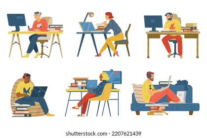 People studying in educational webinars and internet classes. Online learning characters collection, flat cartoon vector illustration isolated on white background.