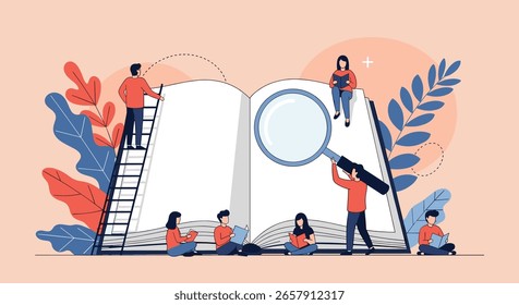 People Studying Exploring Knowledge Through An Open Book Magnifying Glass And Ladder