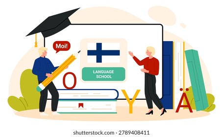 People studying Finnish language at school with books, letters and Finland flag on screen, modern education course for foreign students, isolated on white background vector illustration. Translation: hello