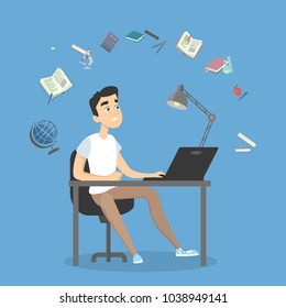 People studying illustration. Teen boy doing homework on white.