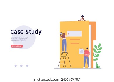 People studying information, facts. Concept of case study, searching business information, analyze of product features. Vector illustration in flat design for web banner