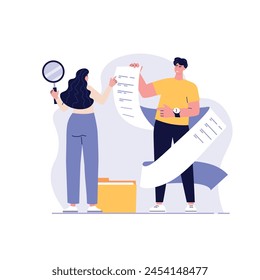 People studying information, facts. Concept of case study, searching business information, analyze of product features. Vector illustration in flat design for web banner