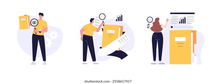 People studying information, facts. Set of case study, searching business information, analyze of product features. Vector illustration set in flat design for web banner