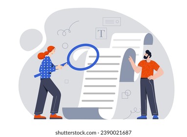 People studying information. Man and woman with magnfying glass with long list. Education and learning. Guide and manual for users. Editors with article. Cartoon flat vector illustration