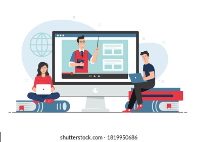 People studying with laptop. Online courses concept