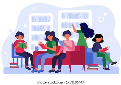 People studying and learning in room flat vector illustration. Men and women sitting on sofa at bookshelves and bookcases and reading books indoor. Library concept for creative design template