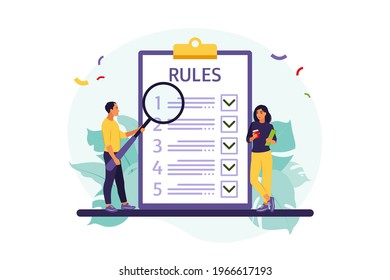 People studying list of rules, making checklist, reading guidance. Vector illustration. Flat style