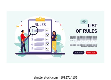 People studying list of rules, making checklist, reading guidance. Landing page. Vector illustration. Flat style