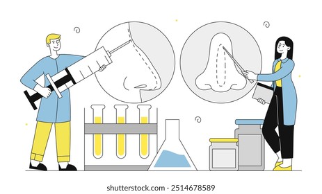 Pessoas estudando o nariz. Homem e mulher com uniforme médico perto da estrutura do nariz. Médicos e médicos examinando órgão sensorial. Saúde e medicina, anatomia. Ilustração de vetor linear