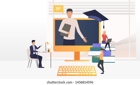 People studying on computers at online school. Service, literature, study concept. Vector illustration can be used for topics like knowledge, education, online school