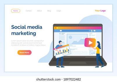 People are studying on online courses. Social media marketing web page. A man stands with a graph in his hands. Online page on laptop screen. Web site to learning on the Internet vector illustration