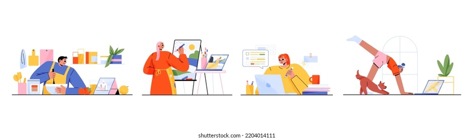 People studying online flat set isolated on white. Happy male and female characters watching lessons on computer, learning to cook, painting, passing business course, doing yoga. Vector illustration